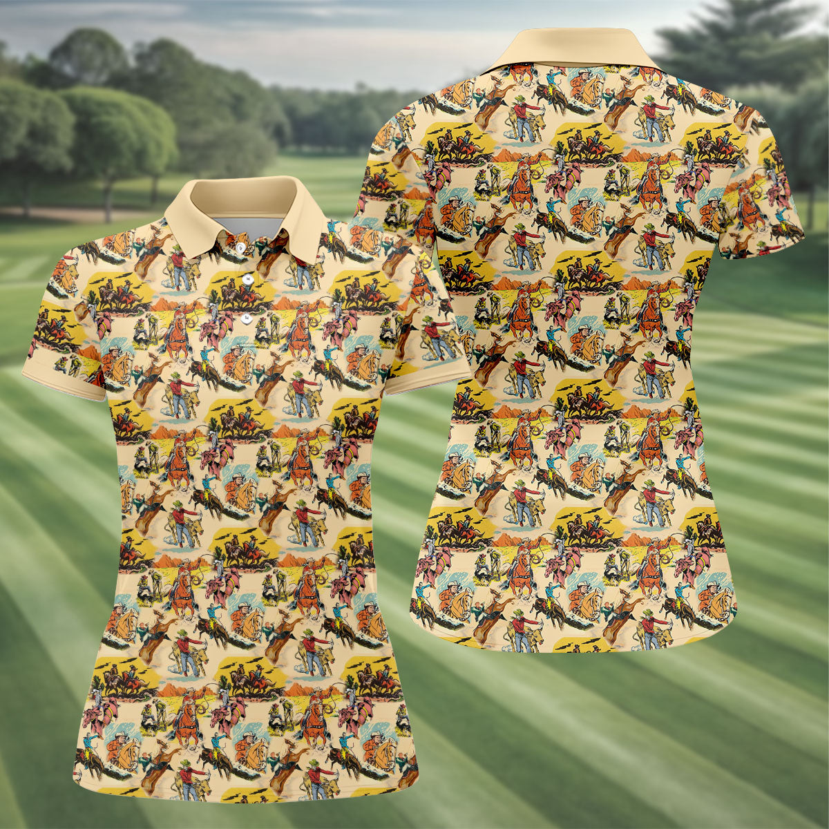 Vintage Cowboy Western Theme Old West Women Golf Top, Ladies Golf Shirts, Golf Shirt For Women