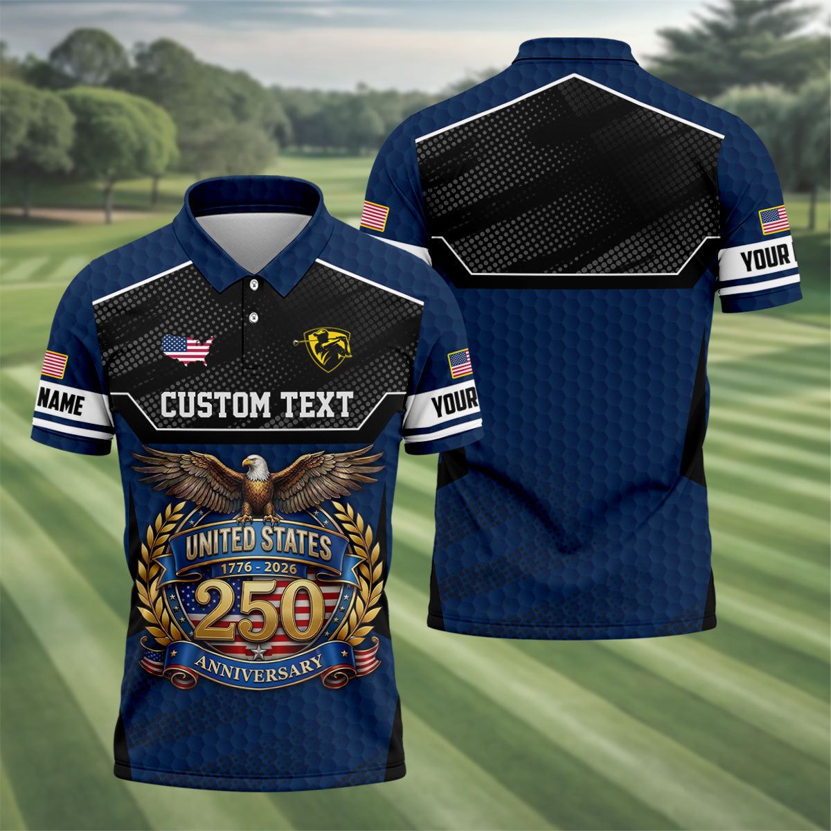 US 250 Anniversary Patriotic 4th Of July Navy Golf Shirt, Polo Shirts For Men, Golf Shirts For Men