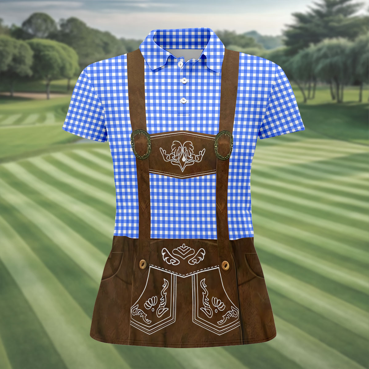 Women's Blue Oktoberfest Lederhosen Illusion Sleeveless Golf Polo, Women’s Golf Tops, Ladies Golf Shirts
