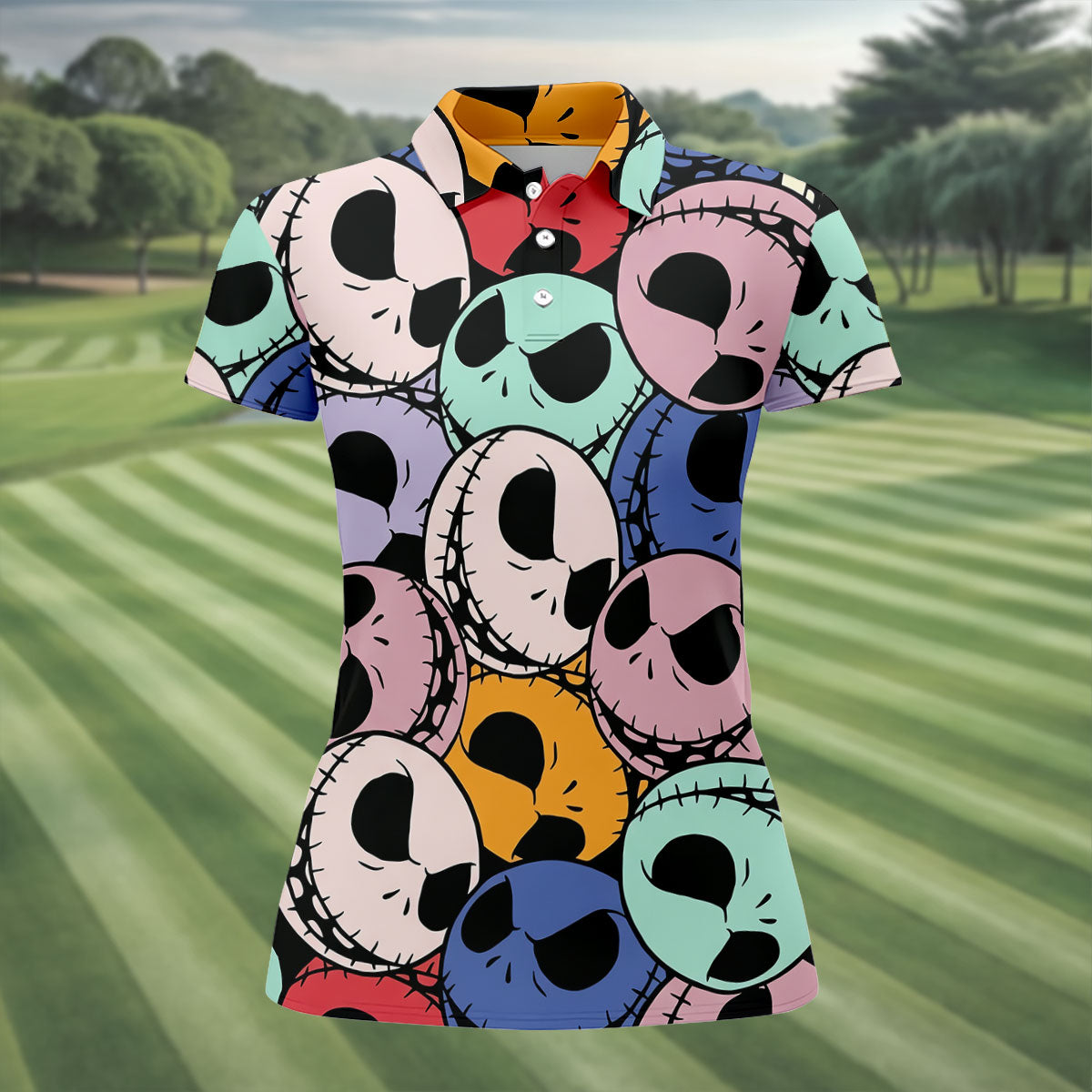 Colorful Cartoon Skull Halloween Golf Polo Shirt, Women’s Golf Polo, Ladies Golf Tops