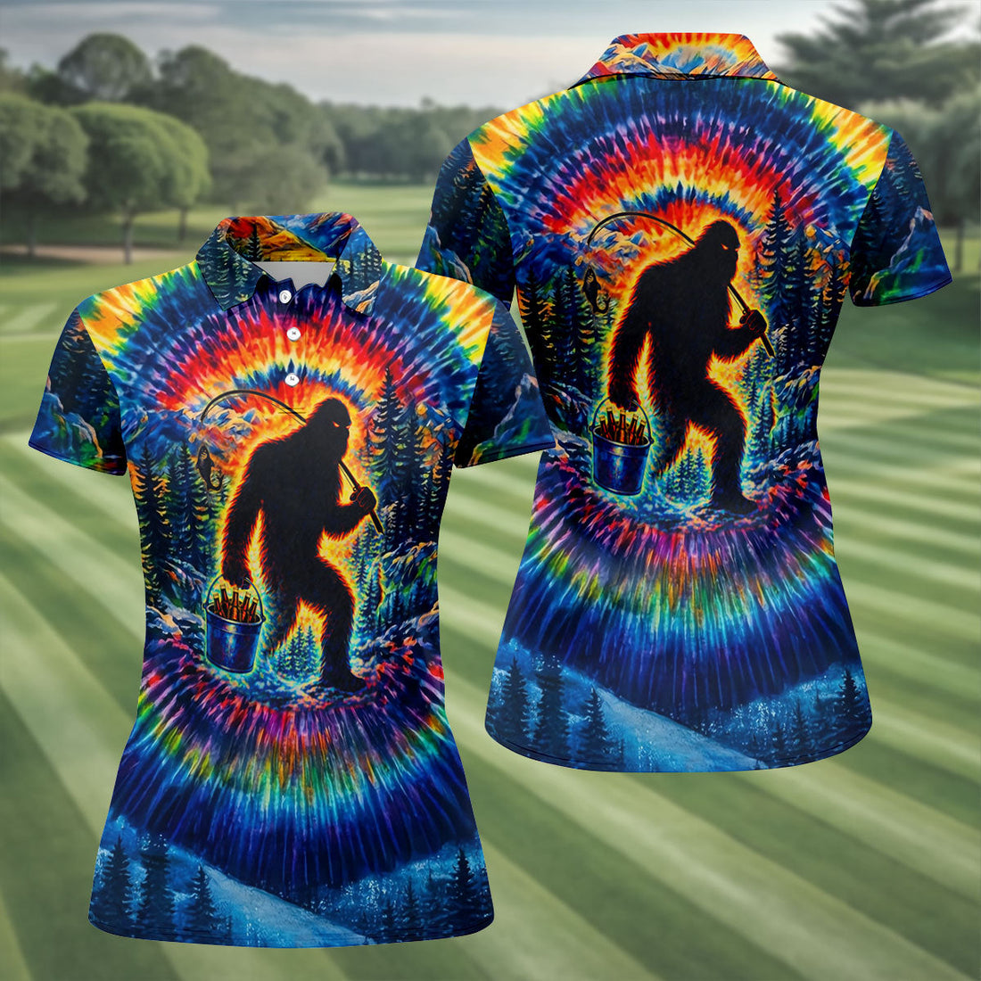 Tie Dye Bigfoot Fishing Forest Golf Shirt, Women’s Golf Apparel, Golf Tops For Women
