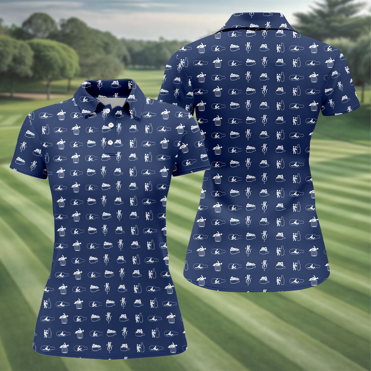 Navy Funny Adult Drinking Pattern Golf Polo Shirt, Golf Tops For Women, Ladies Golf Tops
