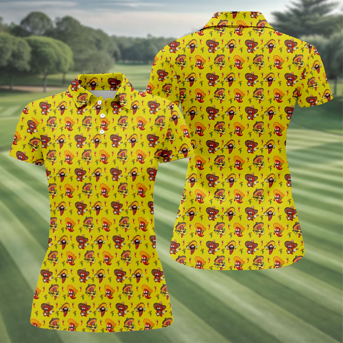 Cartoon Chili Pepper Mexican Sombrero Cinco De Mayo Celebration Fiesta Themed Golf Shirt For Women