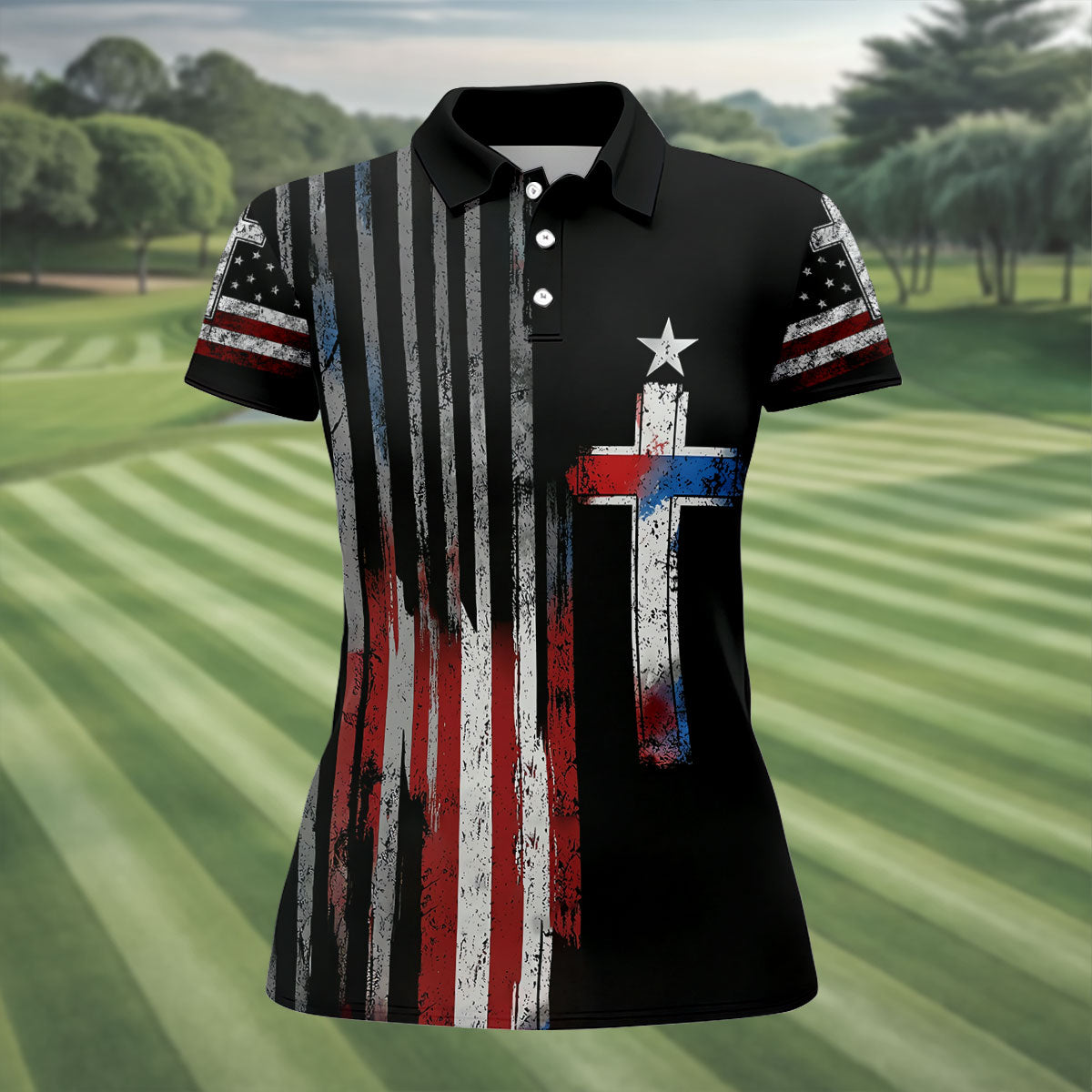 Faith Cross US Flag Golf Shirt, 250 Years Retro Golf Shirt, Patriotic 4th Of July Women's Golf Tops