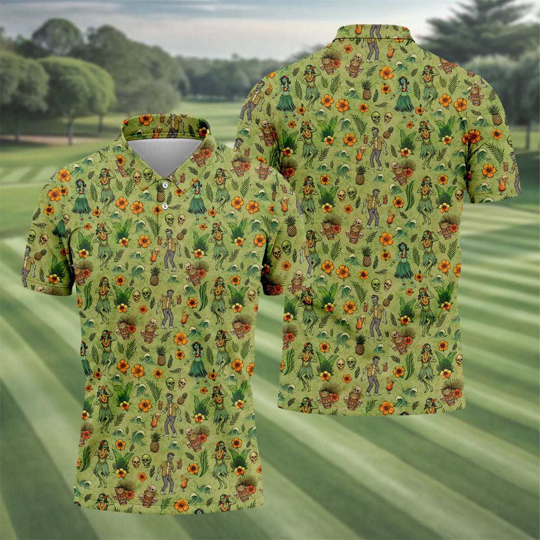 Tiki Zombie Hawaiian Golf Shirt, Hula Dancer Skull Pattern, Polo Shirts For Men