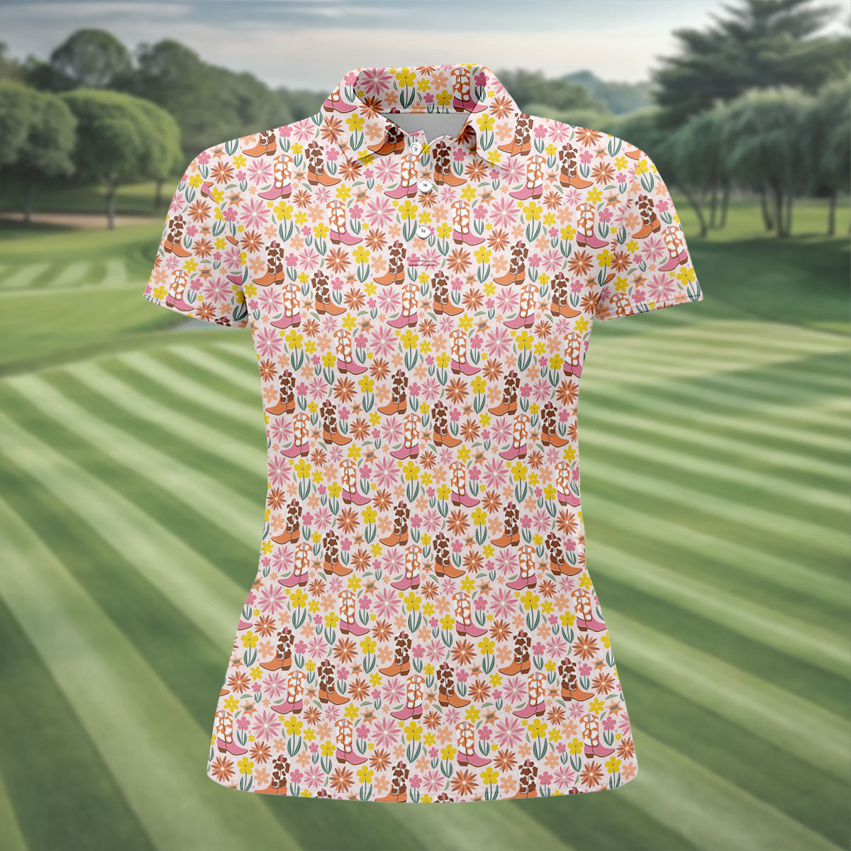 Pink Floral Cowgirl Boots Pattern Golf Polo Shirt, Golf Polo For Women, Ladies Golf Tops