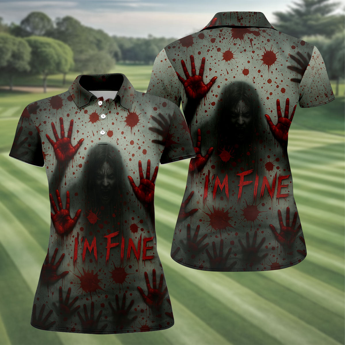 I'm Fine Horror Blood Hand Ghost Halloween Golf Polo Shirt For Women, Ladies Golf Tops