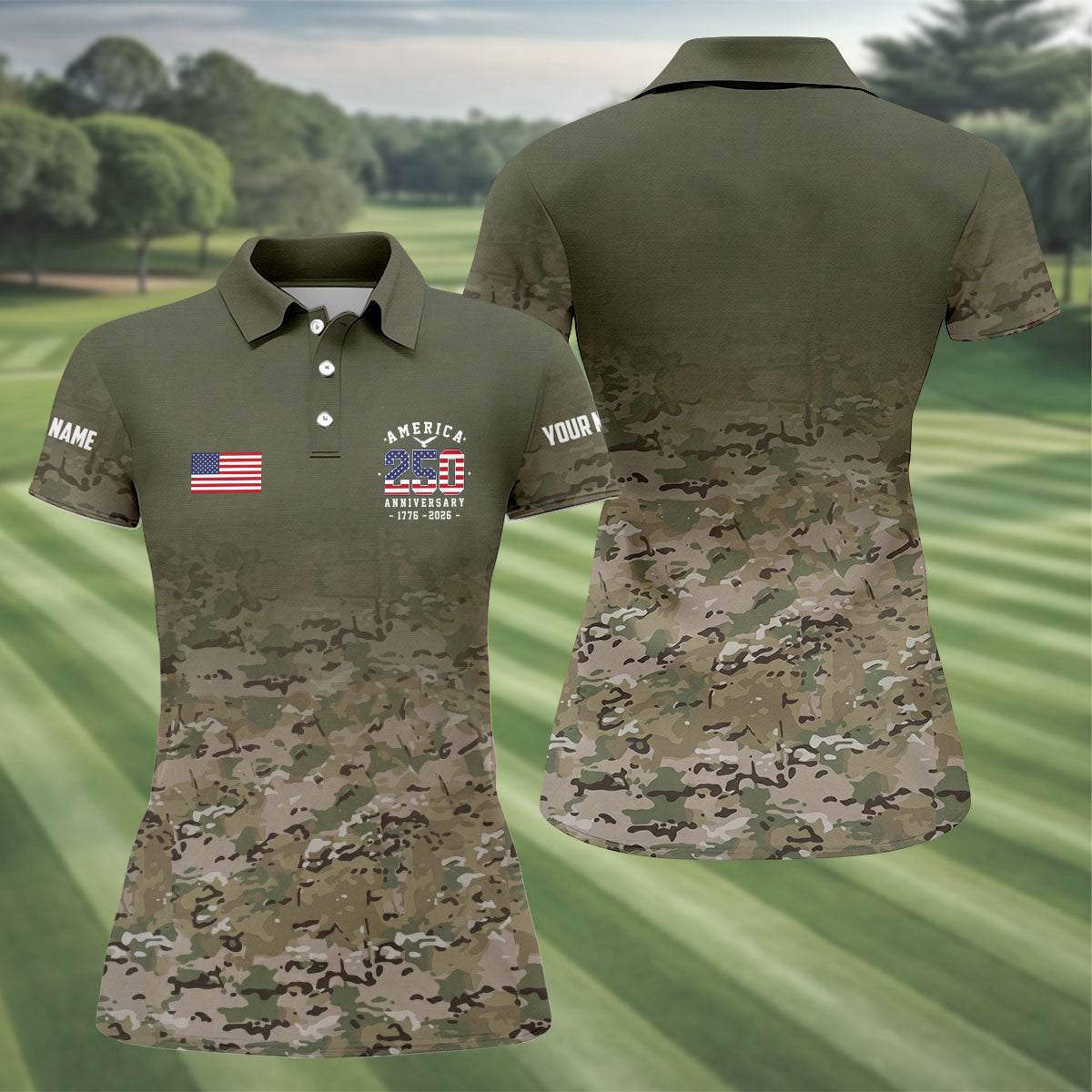 Custom America 250 Military Camo Golf Polo Shirt, Ladies Golf Shirts, Women's Golf Polo