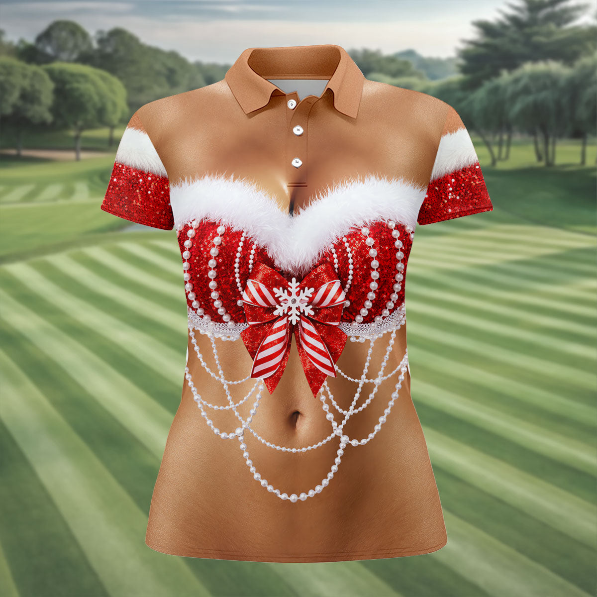 Sexy Santa Bra And Pearls Christmas Golf Shirt, Womens Golf Tops, Ladies Golf Shirts