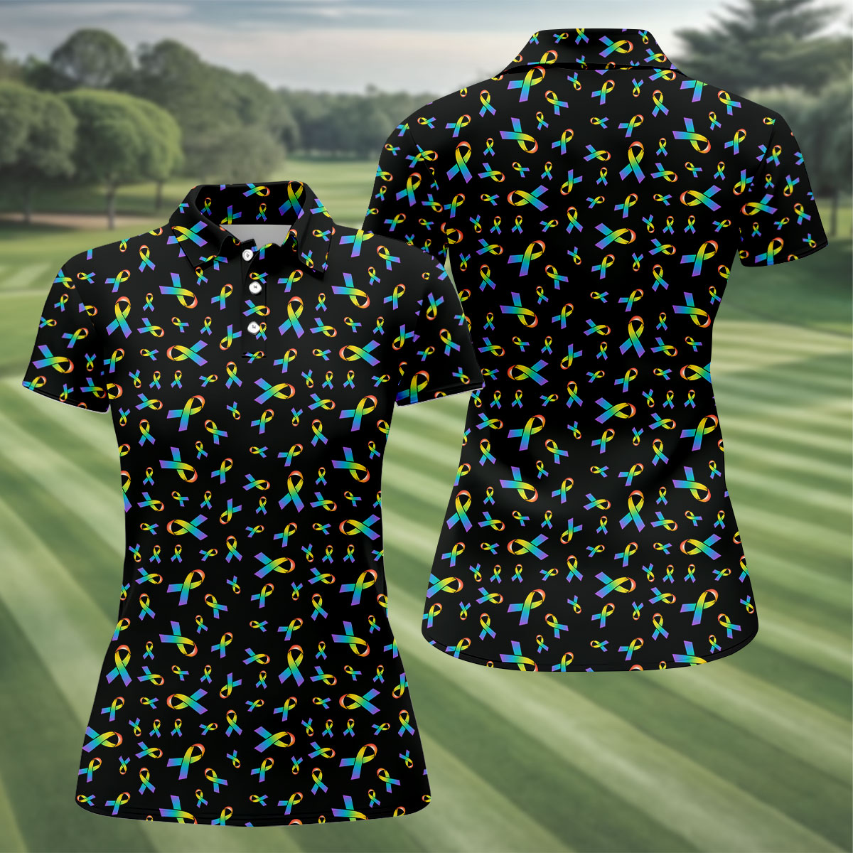 Rainbow Awareness Ribbon Breast Cancer Polo Shirt, Womens Golf Tops, Printed Golf Shirt