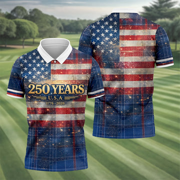 250 Years USA Galaxy Overlay Checkered Patriotic Golf Shirt, 4th Of July Golf Shirts For Men