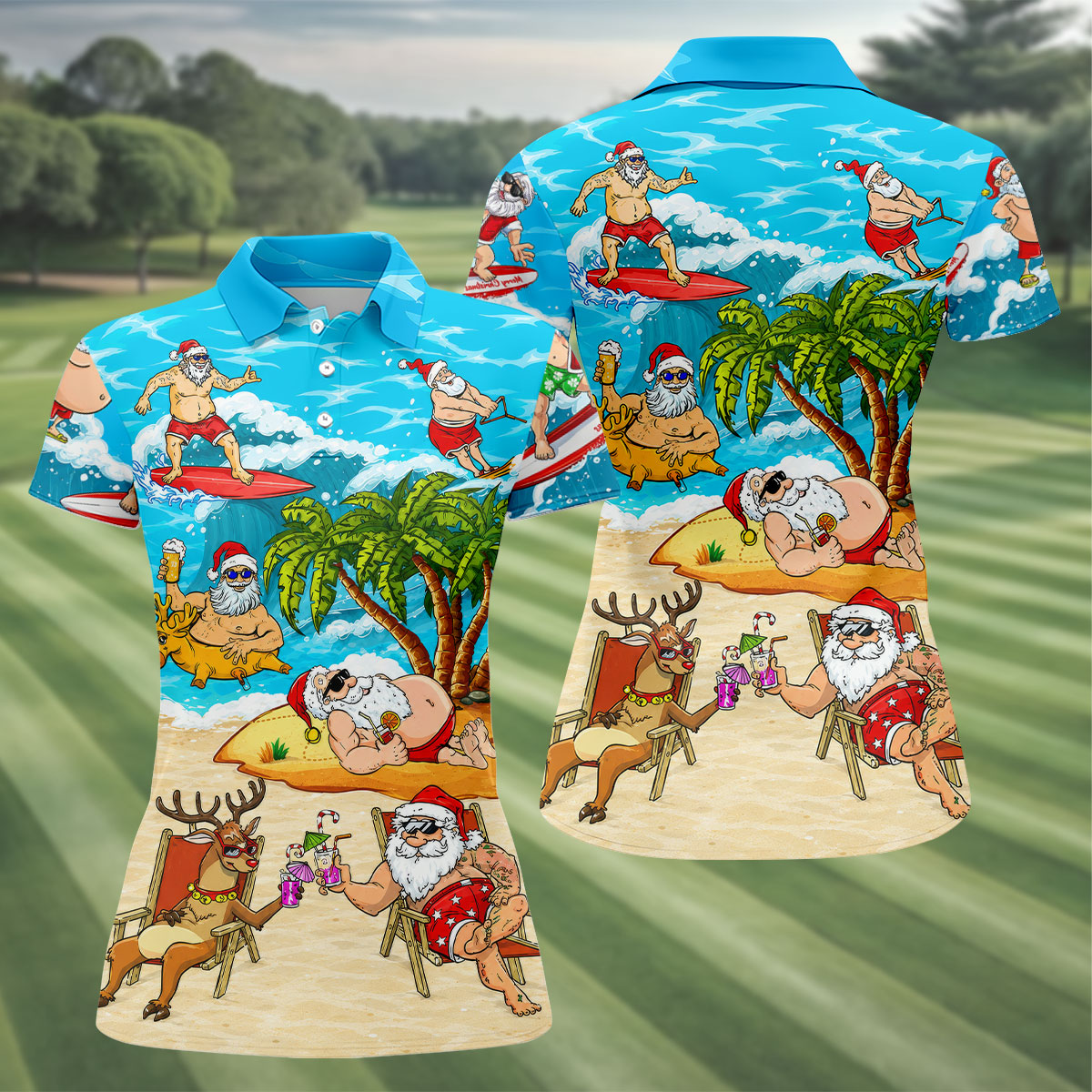 Funny Santa Beach Party Women's Golf Shirt, Christmas Golf Shirt, Women’s Golf Apparel