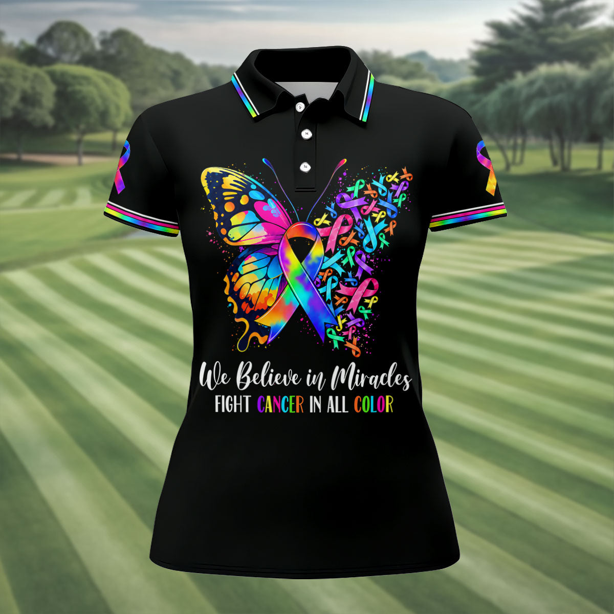 We Believe In Miracles Butterfly Cancer Polo Shirt, Women's Golf Tops, Printed Golf Shirt