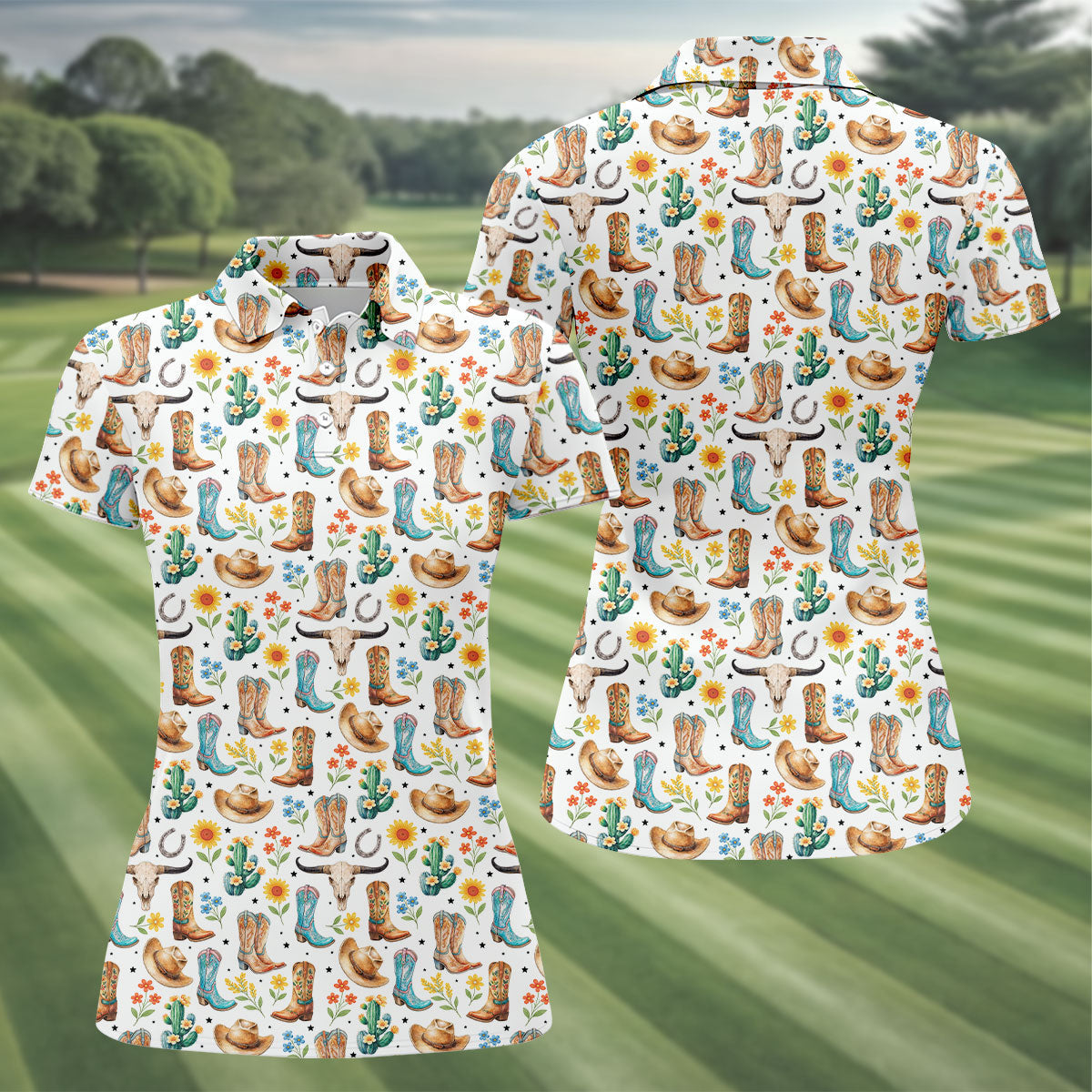 Western Cowboy Boots Floral Pattern Golf Shirt, Women’s Golf Apparel, Golf Shirts For Women