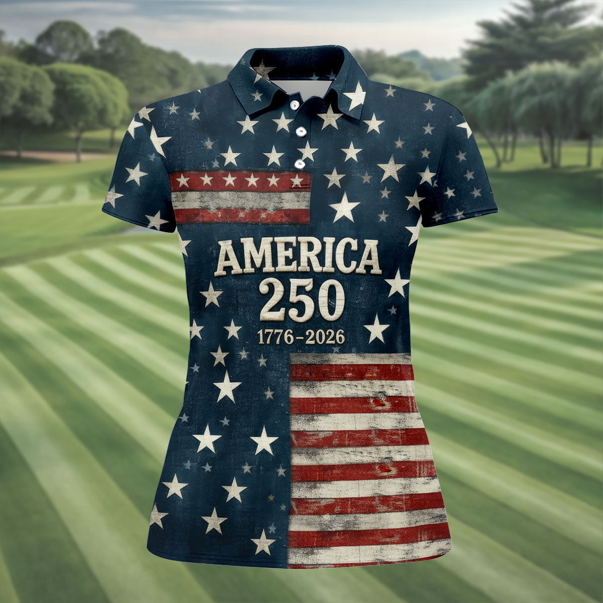 America 250 Distressed Flag 4th Of July Golf Shirt, Stars And Stripes Vintage Patriot Golf Shirt For Women
