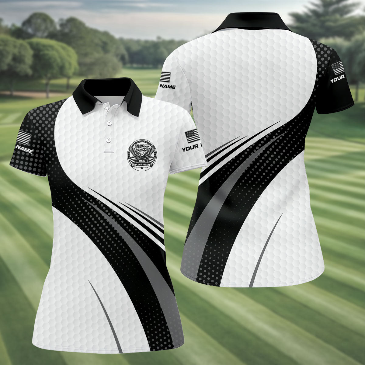 USA 250th Anniversary Black And White Golf Ball Pattern Ladies Golf Tops, Patriotic Golf Shirt For Women