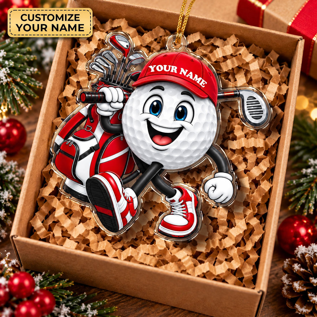 Custom Name Golf Ball And Club Acrylic Ornament, Golf Gifts, Christmas Decorations