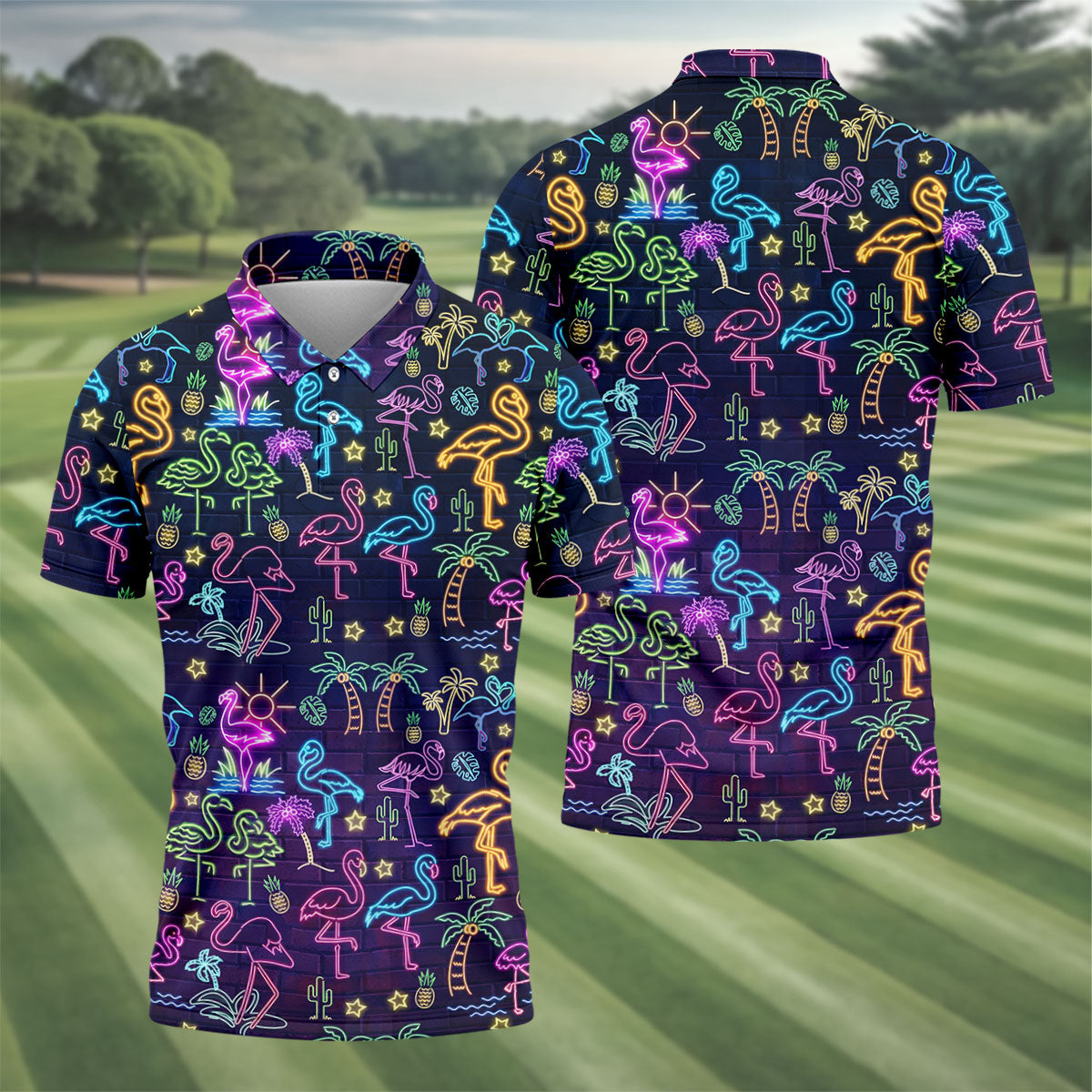 Neon Flamingo Tropical Night Golf Shirt, Golf Polo Shirts For Men, Hawaiian Golf Shirt, Mens Golf Apparel