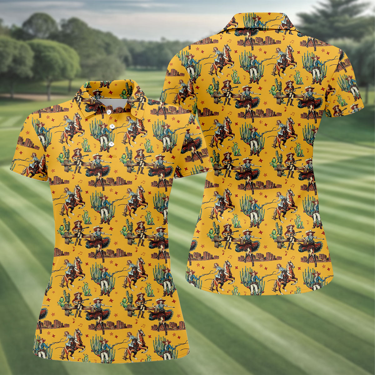 Yellow Cowboy Rodeo Desert Western Hawaiian Golf Shirt, Women's Golf Tops, Golf Polo For Women