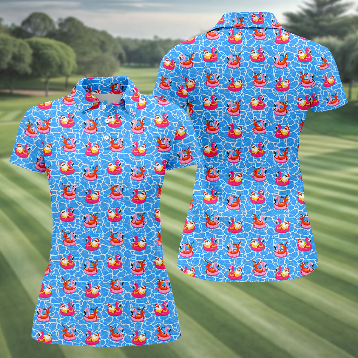 Santa Flamingo Pool Float Christmas Golf Shirt, Women's Golf Tops, Hawaiian Golf Shirt, Printed Golf Shirt