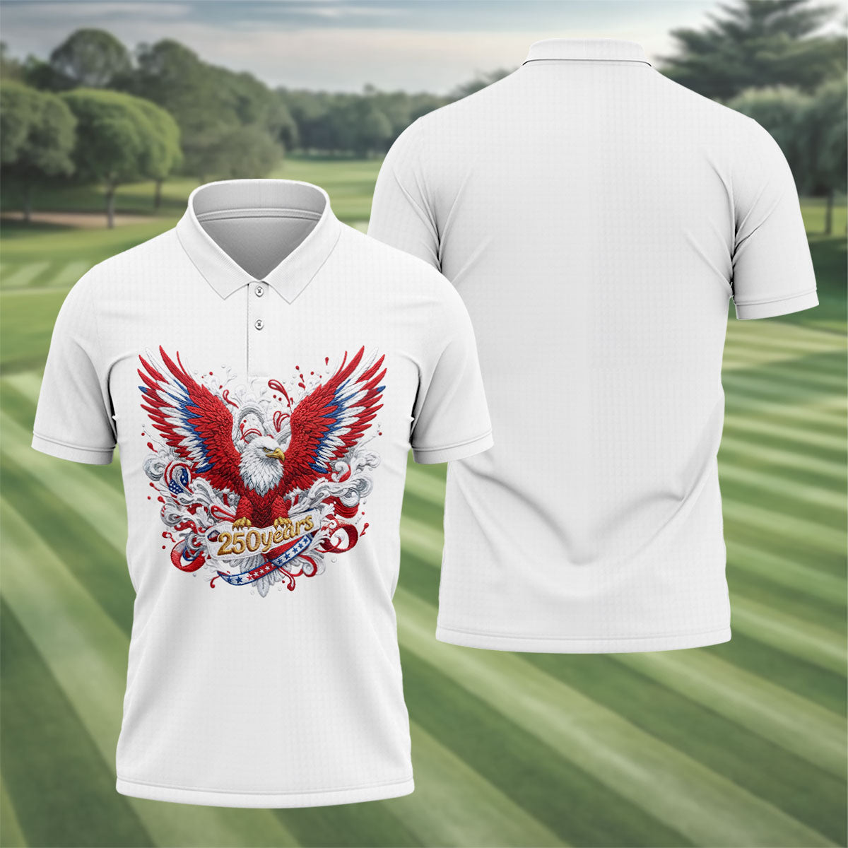 US Bald Eagle Embroidery Effect Patriotic Golf Shirt, 4th Of July Golf Shirt, 250th Anniversary Polo Shirts For Men