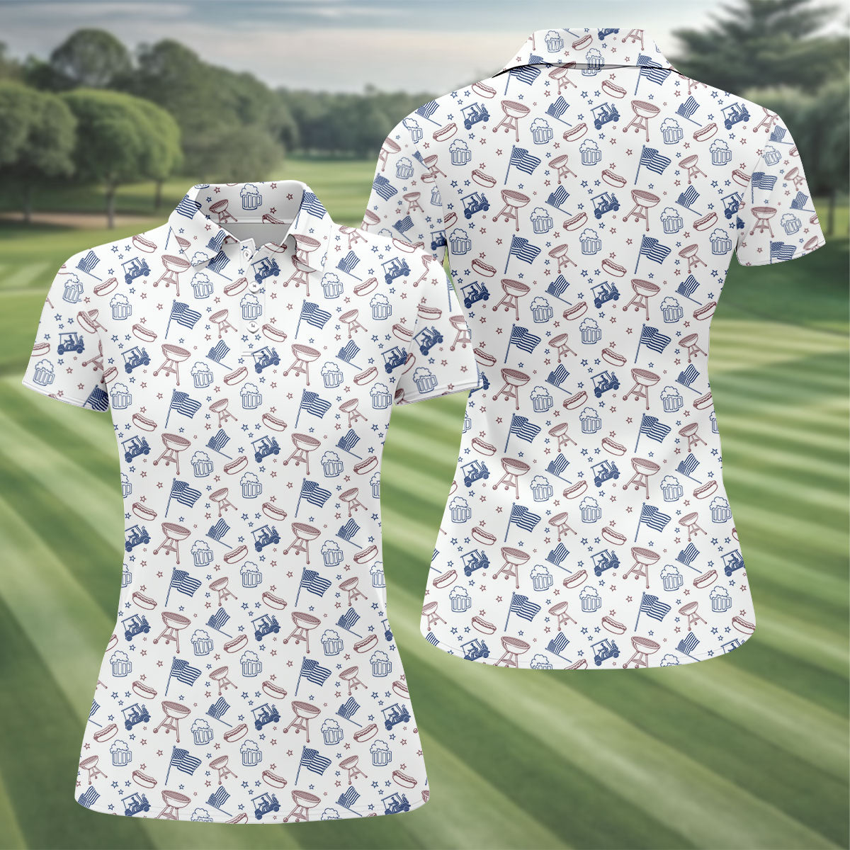 Red White Blue American BBQ Golf And Beer 4th Of July Women Golf Top, 250th Anniversary Patriotic Golf Shirt