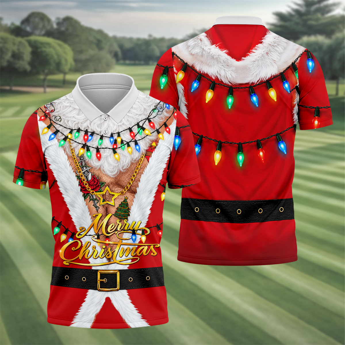 Merry Christmas Santa Lights Gold Chain Polo Shirt, Mens Golf Polo, Golf Shirts For Men