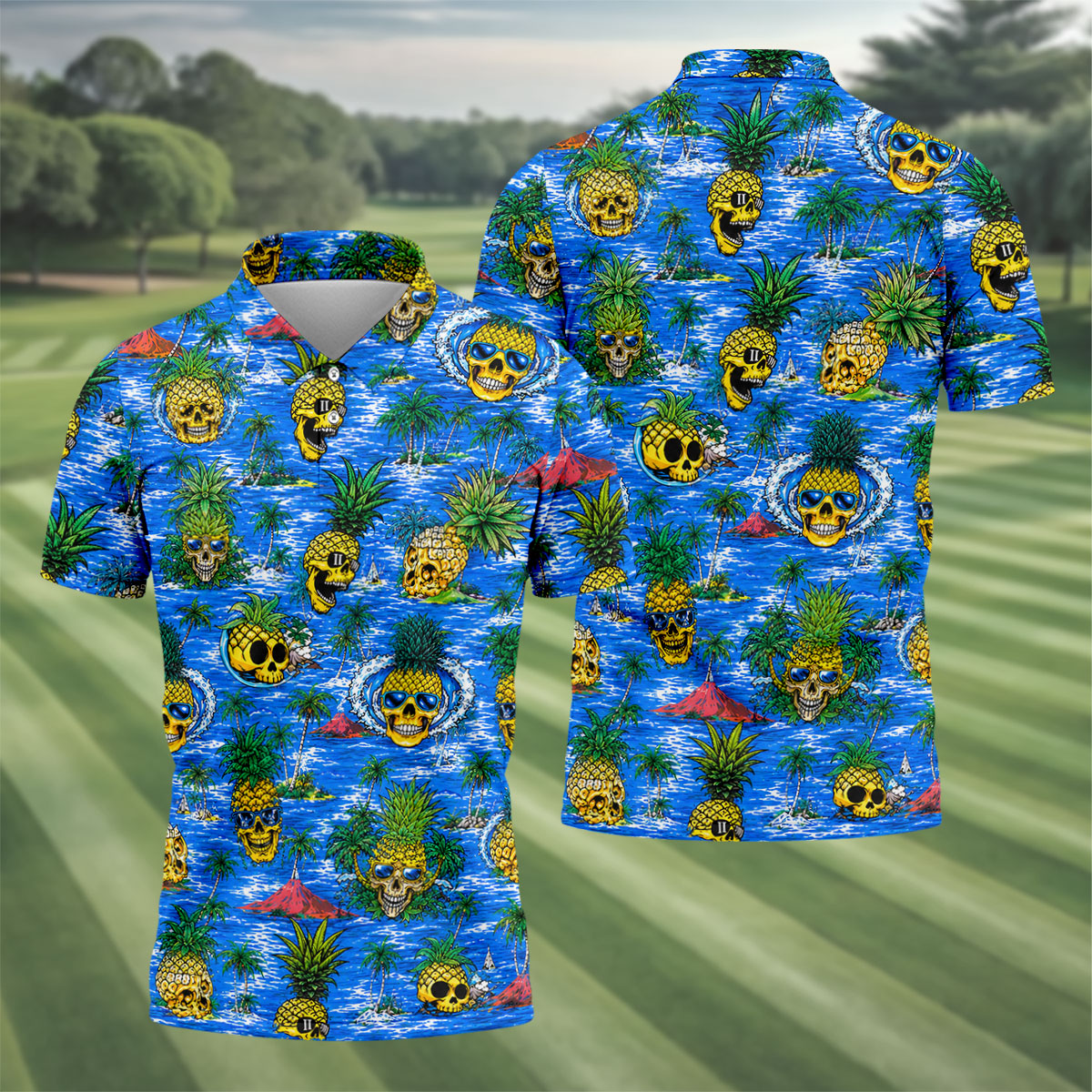 Pineapple Skull Golf Shirt, Tropical Island Volcano Pattern, Golf Shirt For Men