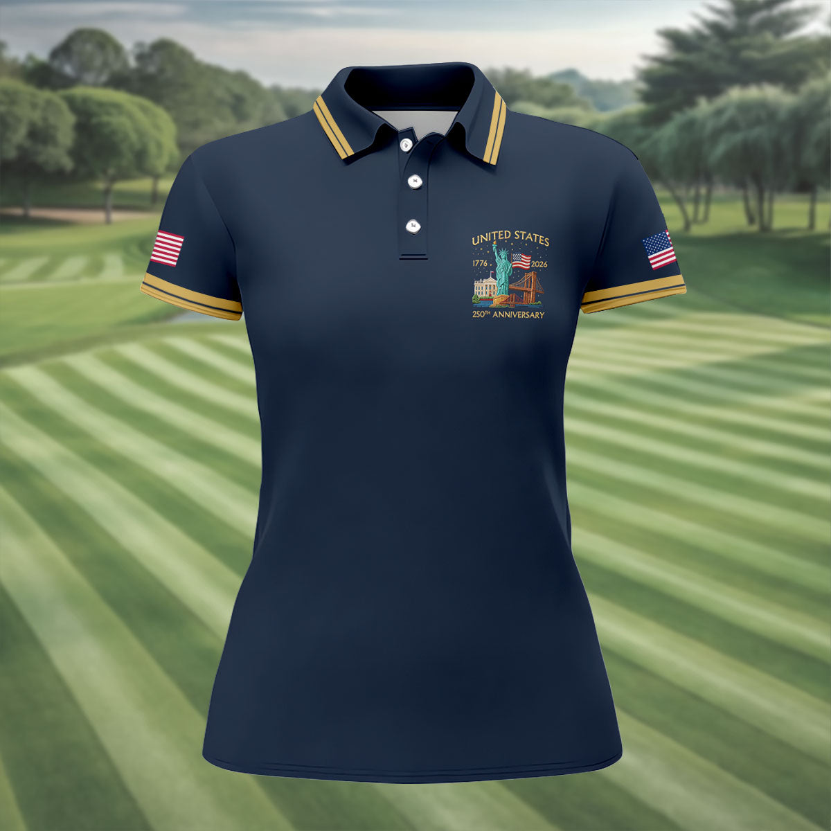 American Symbols Navy Patriotic Golf Shirt, US 250 Years 4th Of July Golf Shirt For Women