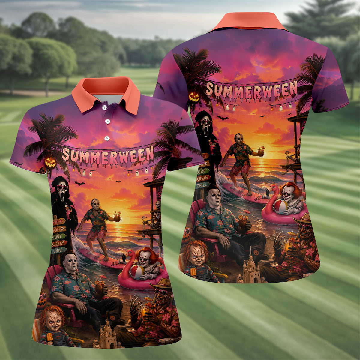 Summerween Halloween Horror Character Golf Shirt, Golf Shirts For Women, Printed Golf Shirt