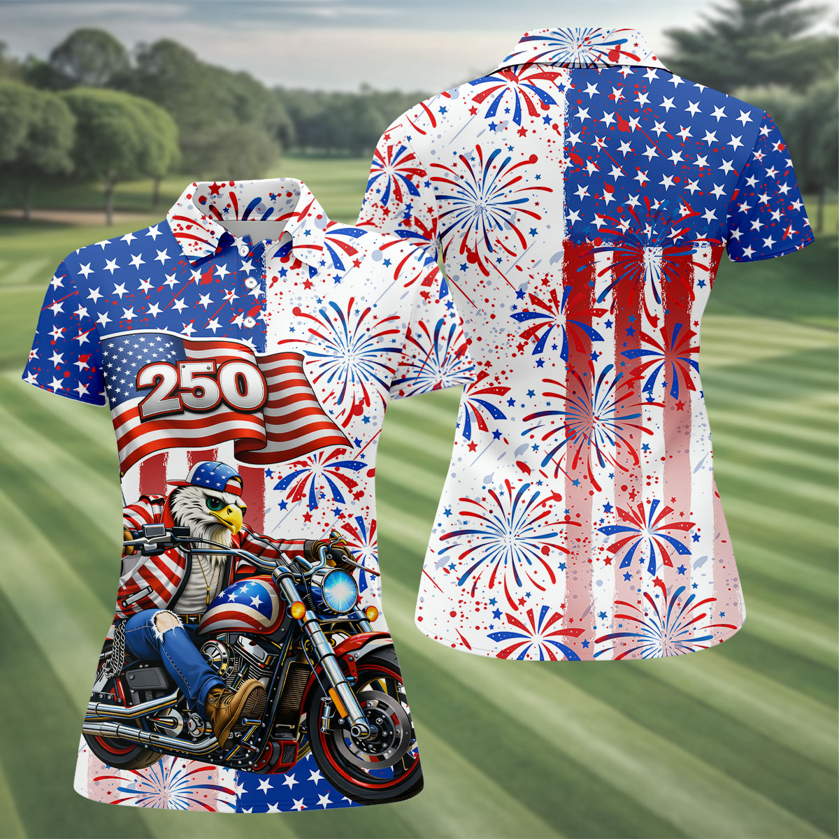 250 Years Eagle Motorcycle American Flag Golf Shirt, Patriotic 4th Of July Golf Shirt For Women