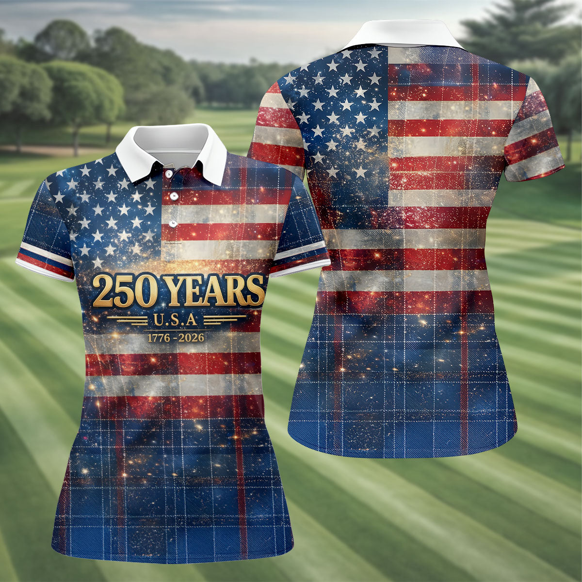 250 Years USA Galaxy Overlay Checkered Patriotic Golf Shirt, 4th Of July Golf Shirt For Women