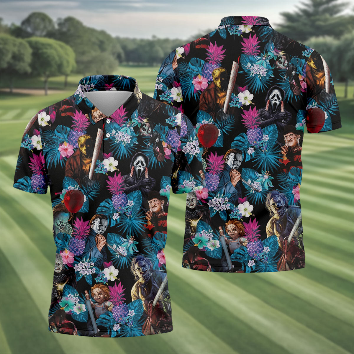 Tropical Horror Movie Villains Halloween Golf Polo Shirt, Hawaiian Golf Shirt, Mens Golf Apparel