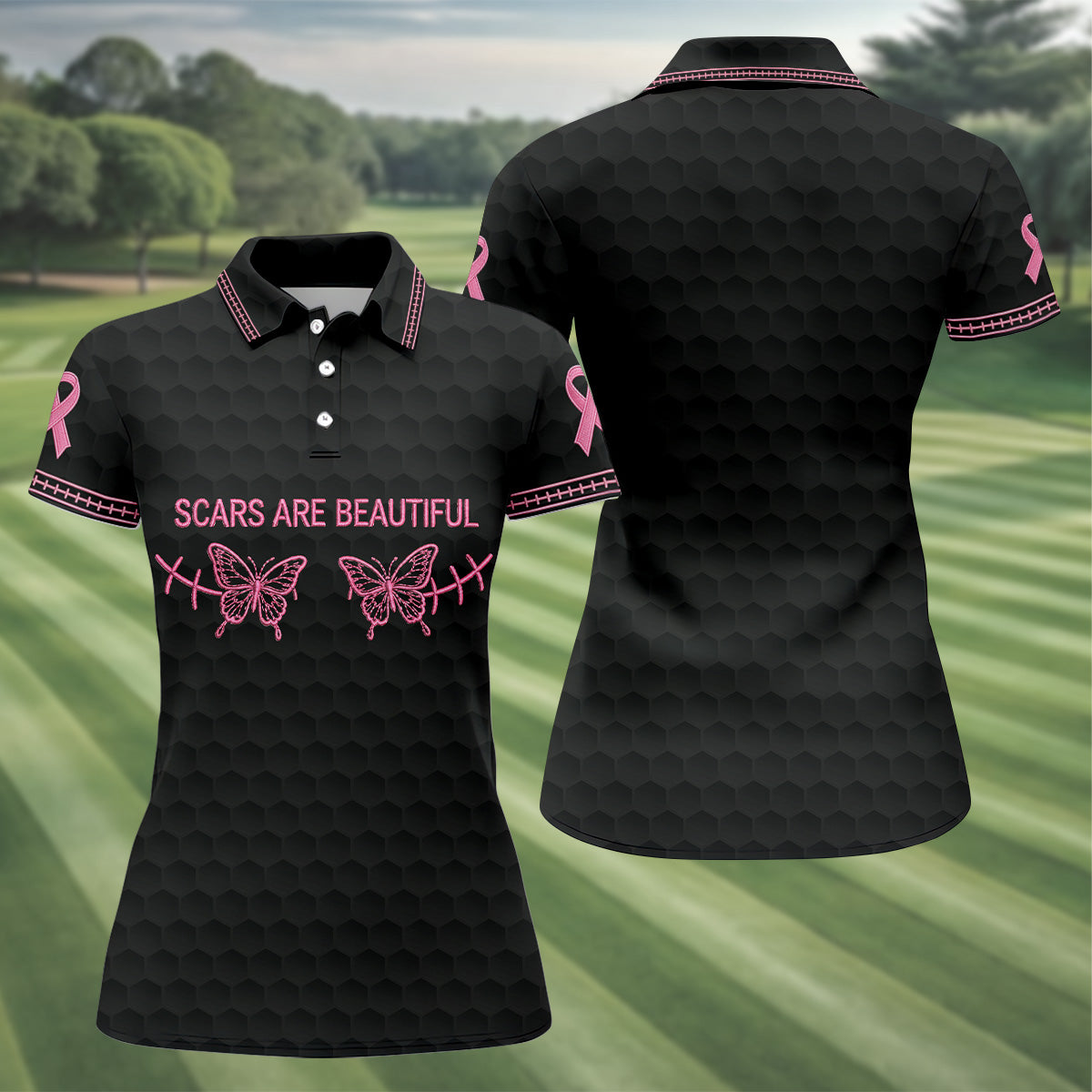 Scars Are Beautiful Ribbon Breast Cancer Polo Shirt, Womens Golf Tops, Ladies Golf Shirts