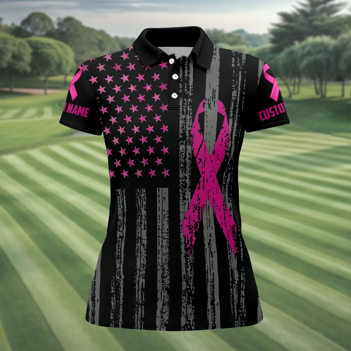 Custom Proud Pink Supporter Breast Cancer Polo Shirt, Golf Tops For Women, Ladies Golf Top