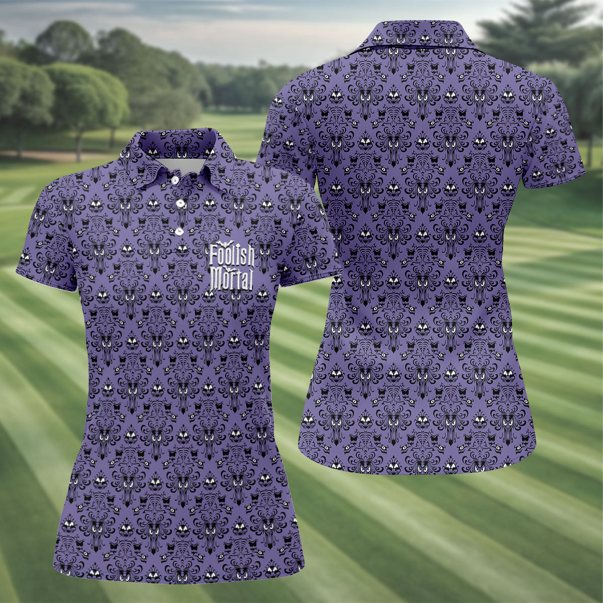 Foolish Mortal Haunted Pattern Golf Polo Shirt, Women's Golf Apparel, Halloween Shirt