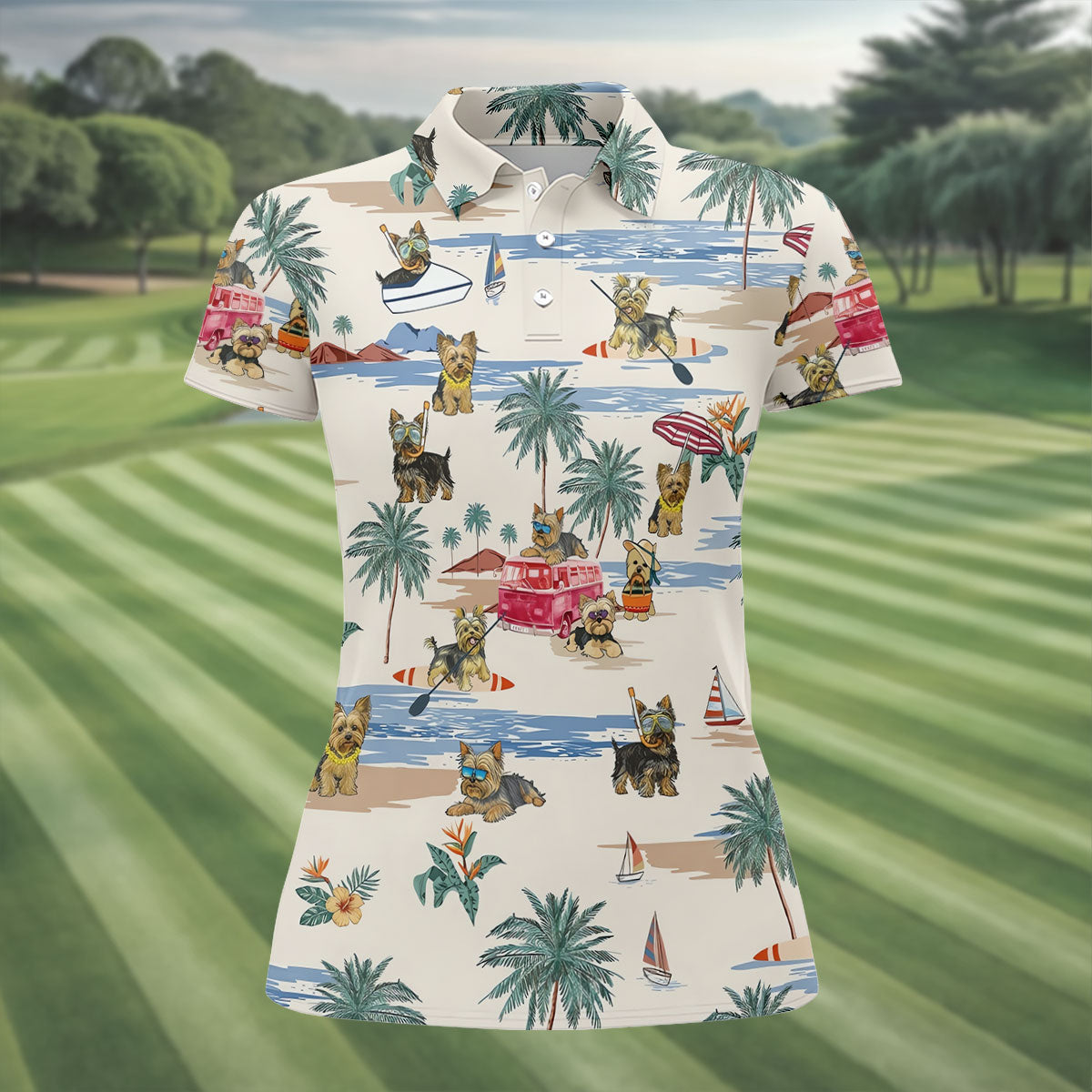 Cute Yorkshire Terrier Beach Vacation Golf Polo Shirt, Golf Shirts For Women, Women's Golf Apparel