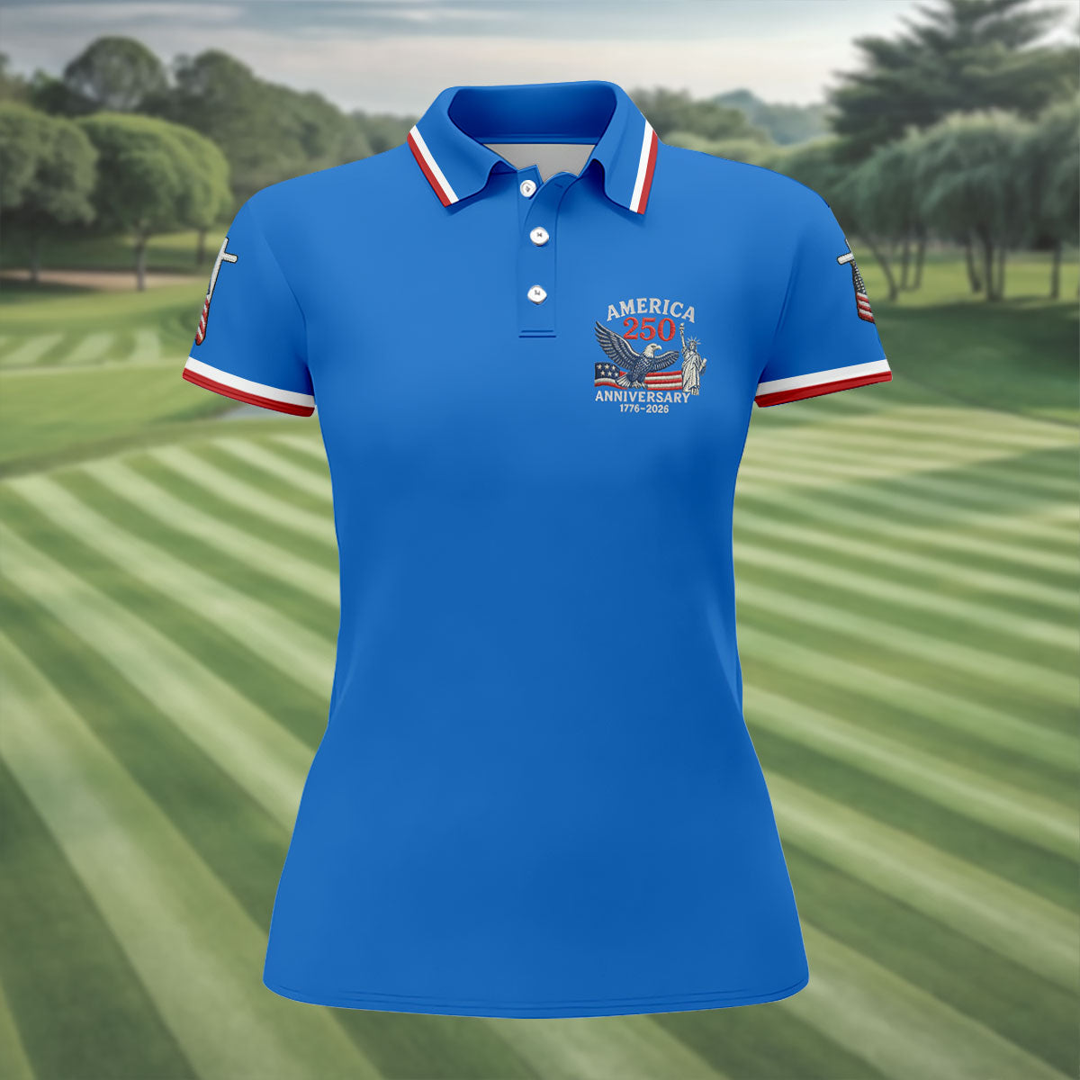Faith Cross Bald Eagle America 250 Anniversary Blue Patriotic Golf Shirt, Golf Shirt For Women