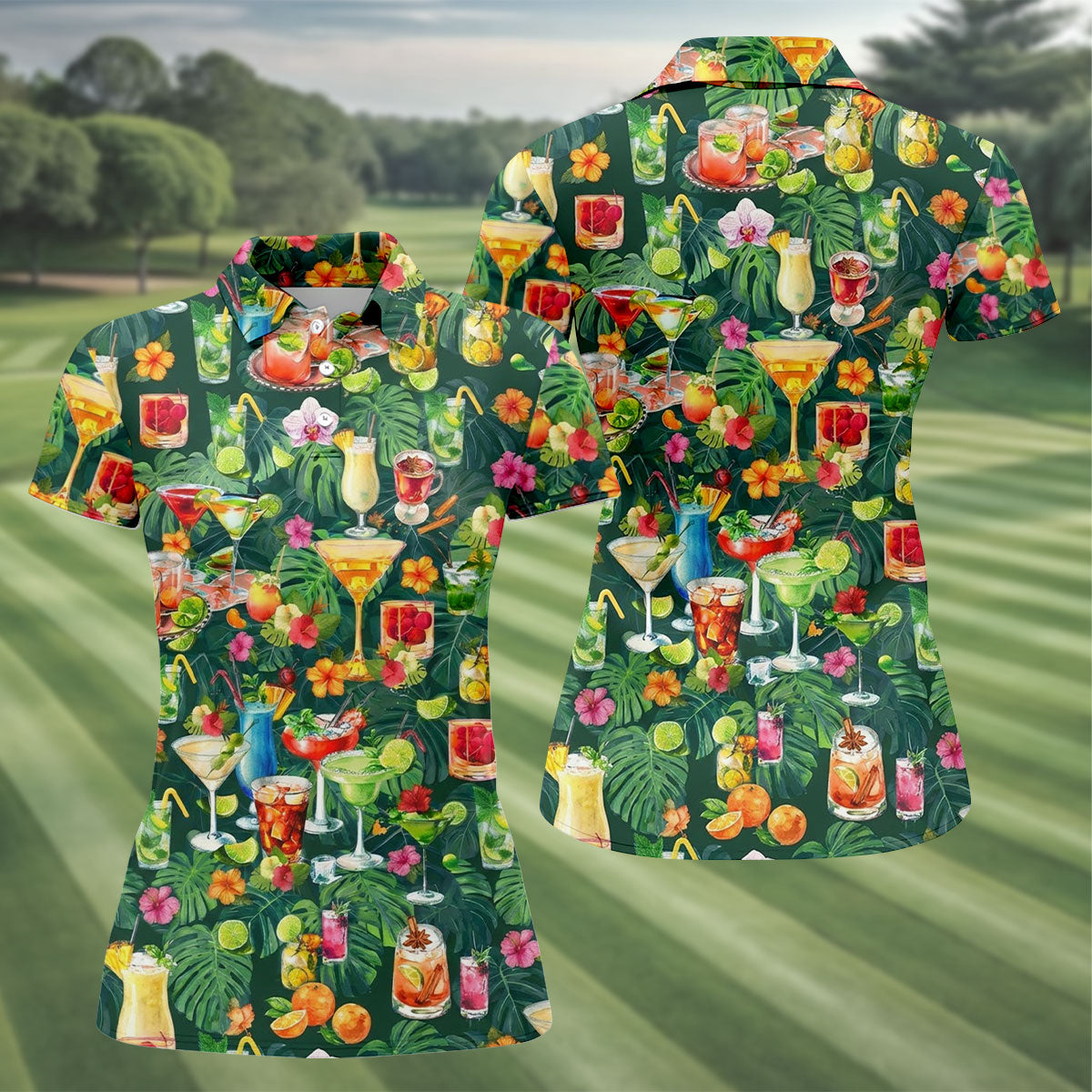 Tropical Cocktail Drinks And Floral Paradise Golf Polo, Hawaiian Golf Shirt, Ladies Golf Tops