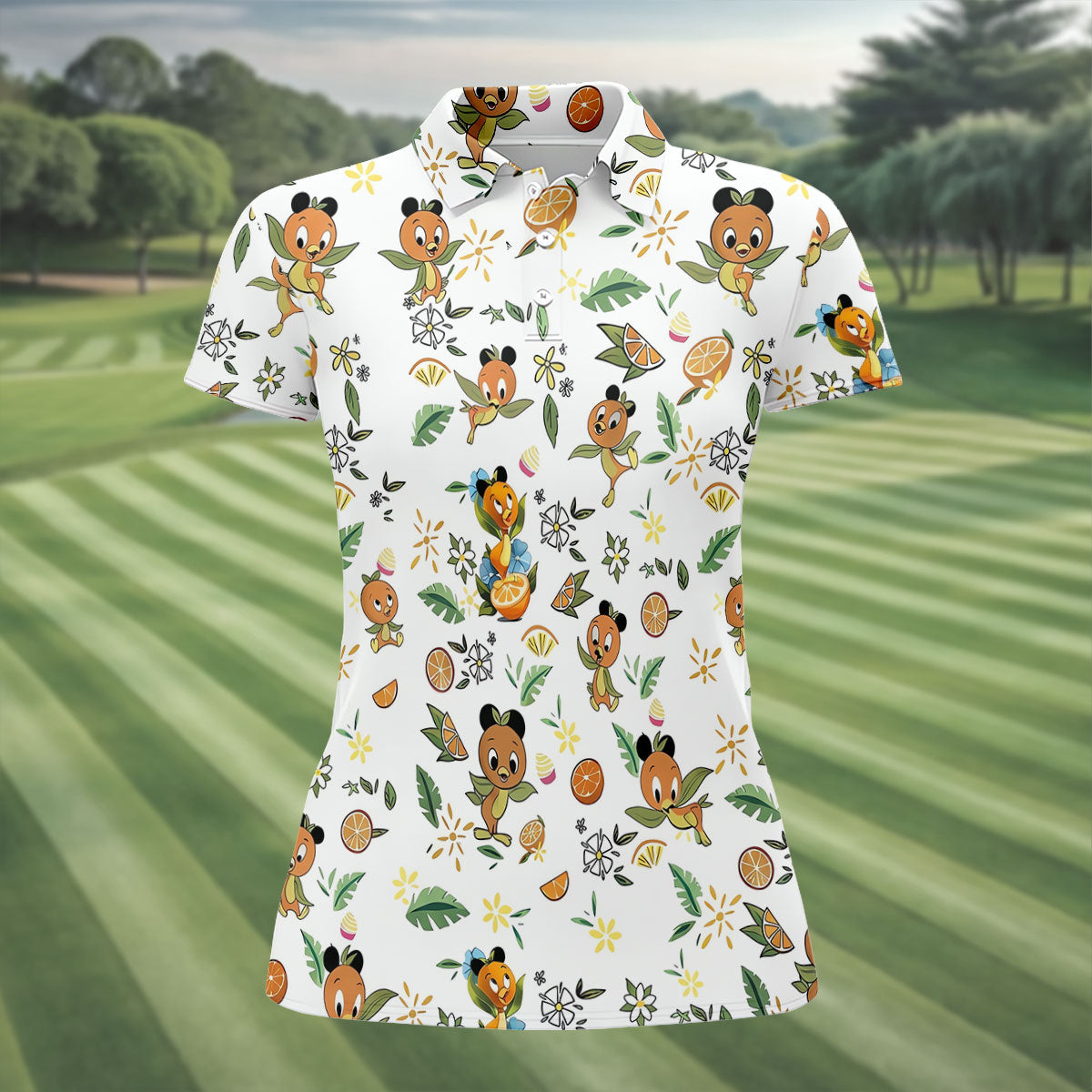 Orange Bird Floral Citrus Golf Polo Shirt, Golf Shirts For Women, Performance Golf Shirt