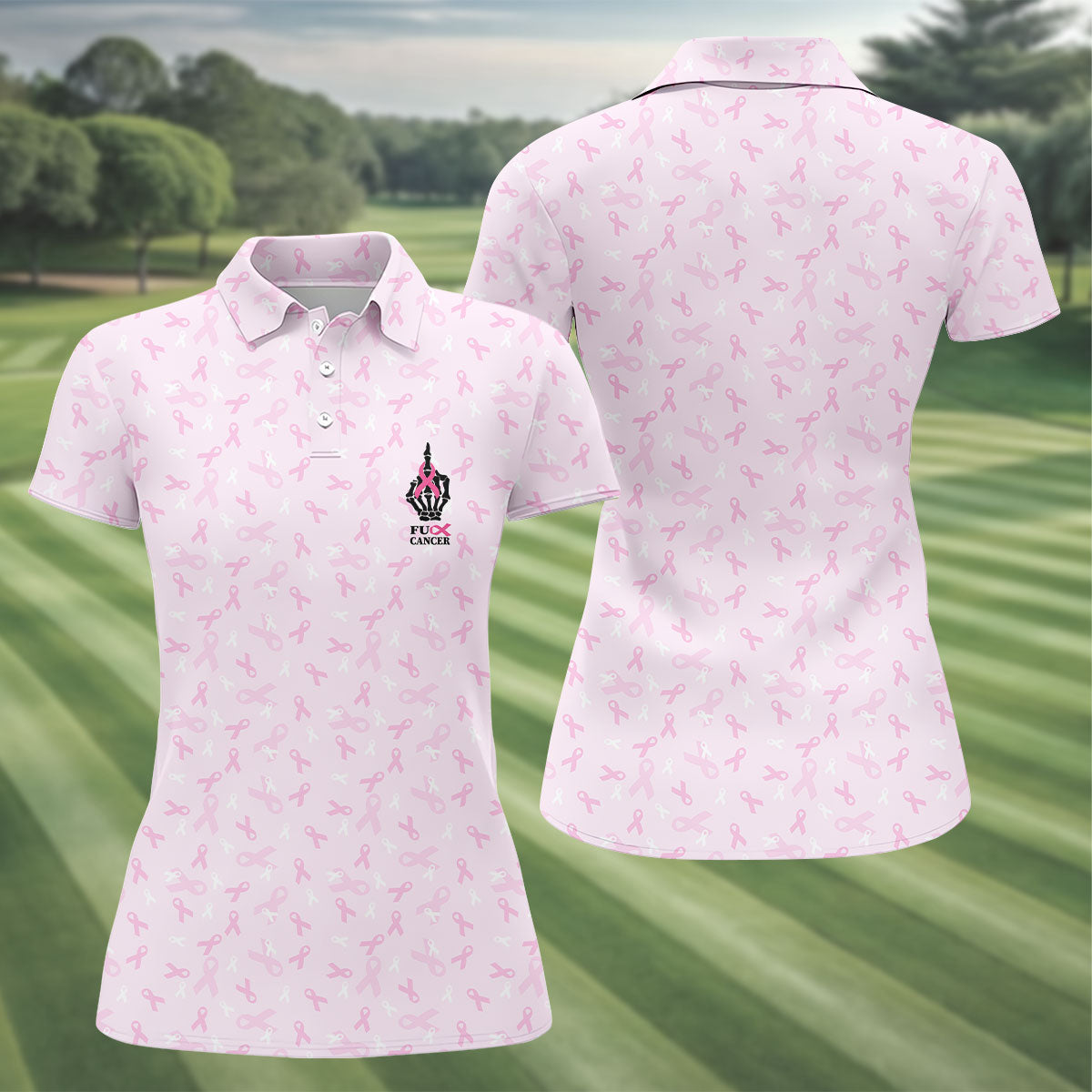 Fuck Cancer Skeleton Hand Breast Cancer Polo, Ladies Golf Shirts, Golf Tops For Women
