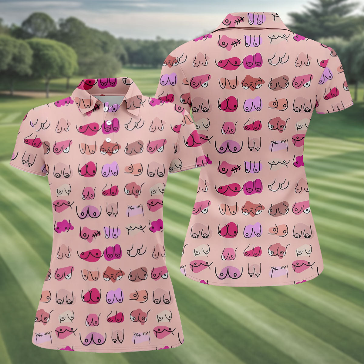 Pink Funny Boob Pattern Golf Polo Shirt, Women's Golf Tops, Golf Polo For Women