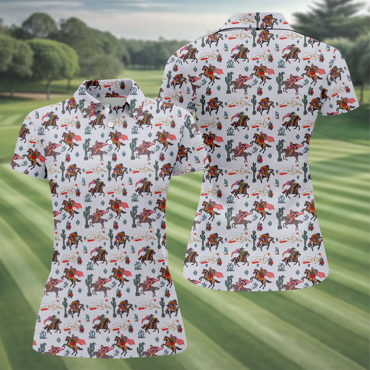 Patriotic Cowboy Horse Pattern Golf Polo Shirt, Ladies Golf Shirts, Women's Golf Polo