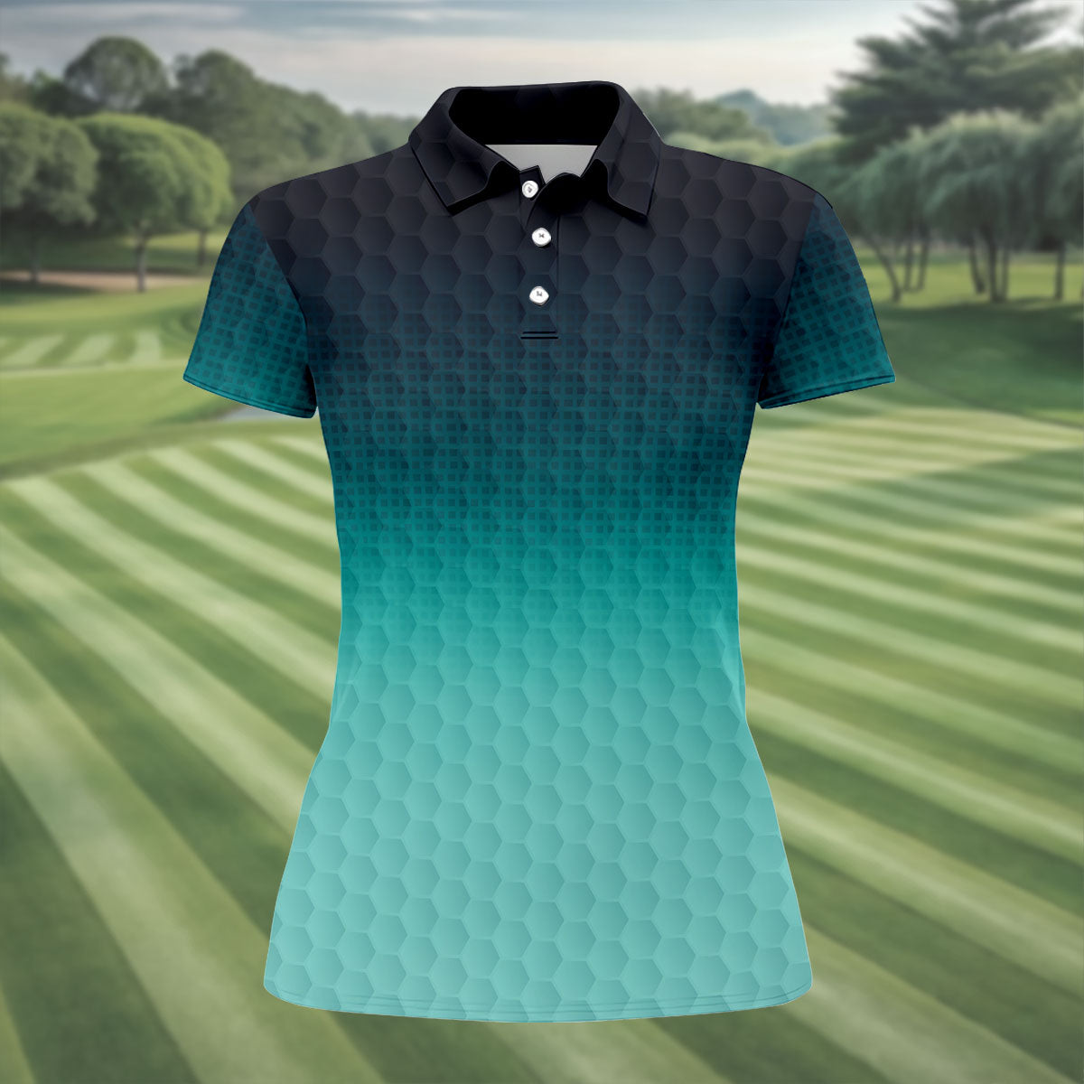 Turquoise Gradient Golf Ball Pattern Hawaiian Golf Shirt, Golf Shirt For Women