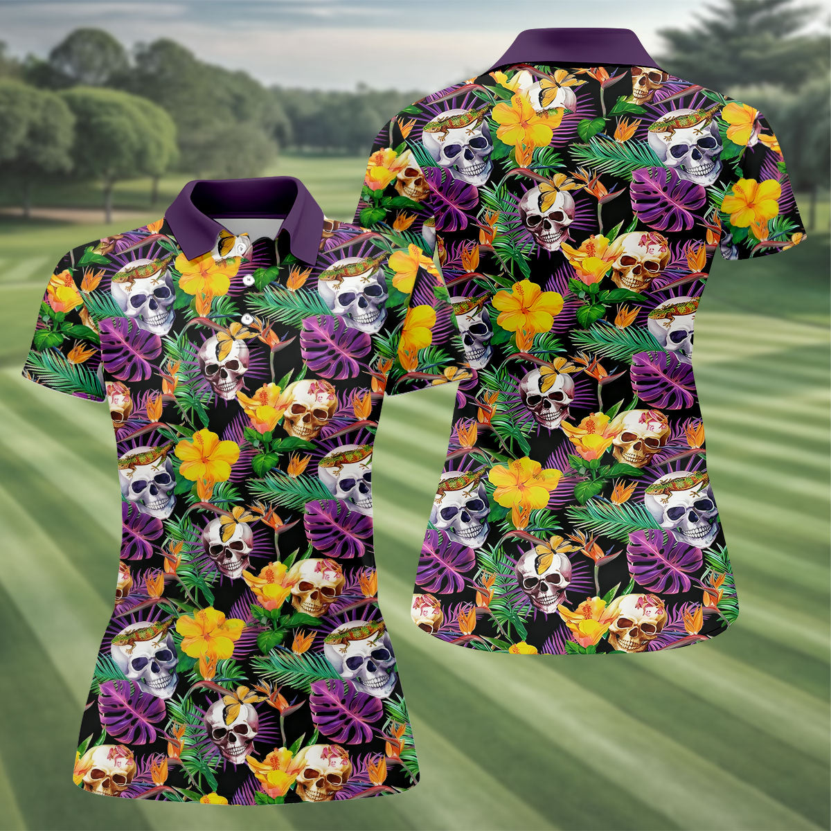 Tropical Sugar Skull Floral Golf Polo Shirt, Golf Tops For Women, Performance Golf Shirt