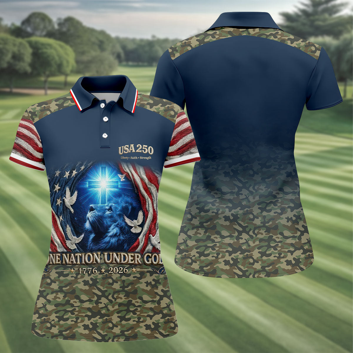 One Nation Under God Faith Cross USA 250 Navy Camo Golf Shirt, 4th Of July Golf Shirt For Women