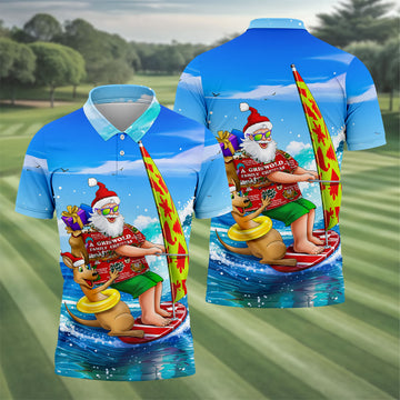 Santa And Reindeer Beach Surfing Christmas Golf Shirt, Men's Golf Shirt, Hawaiian Golf Shirt
