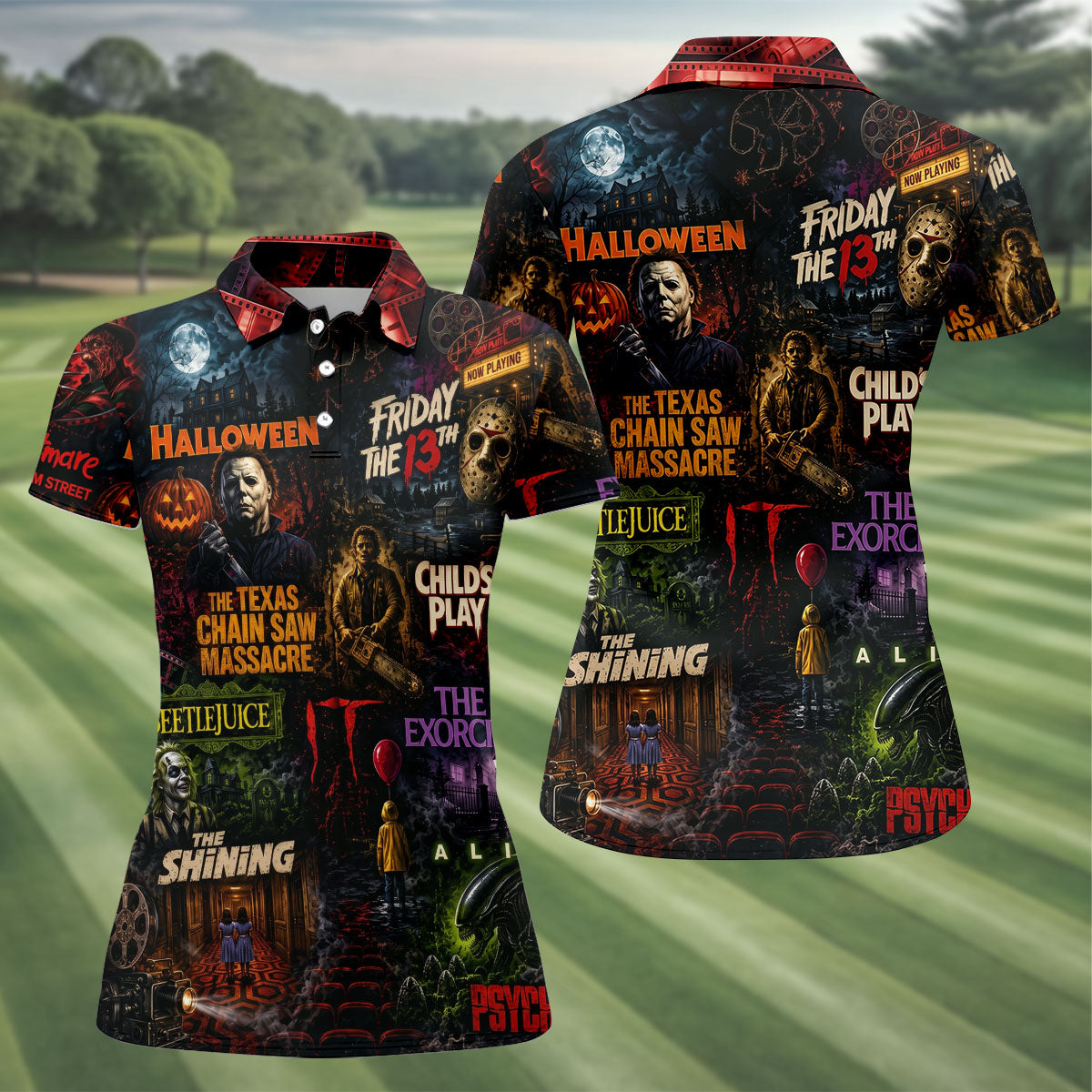 Classic Horror Character Movie Poster Collage Golf Polo Shirt, Women's Golf Polo, Printed Golf Shirts