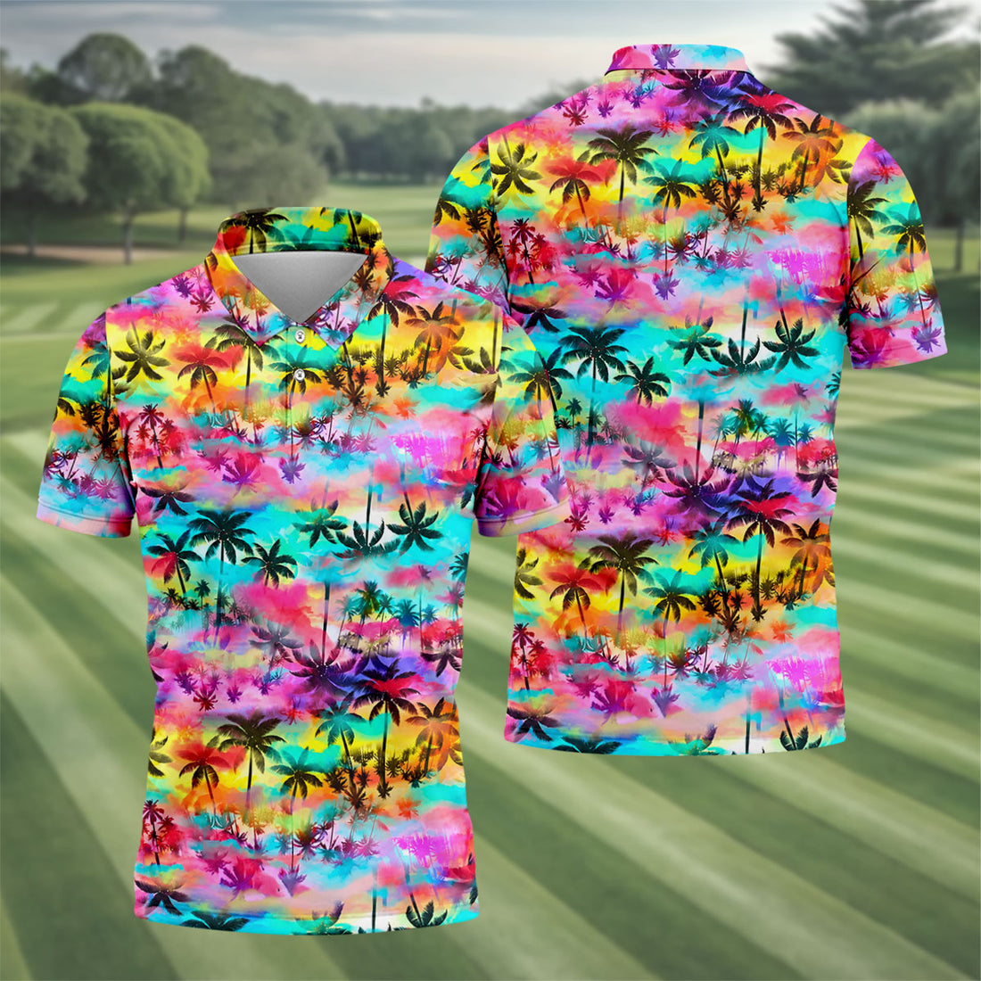 Watercolor Tropical Palm Golf Shirt, Colorful Sunset Hawaiian Polo, Polo Shirts For Men