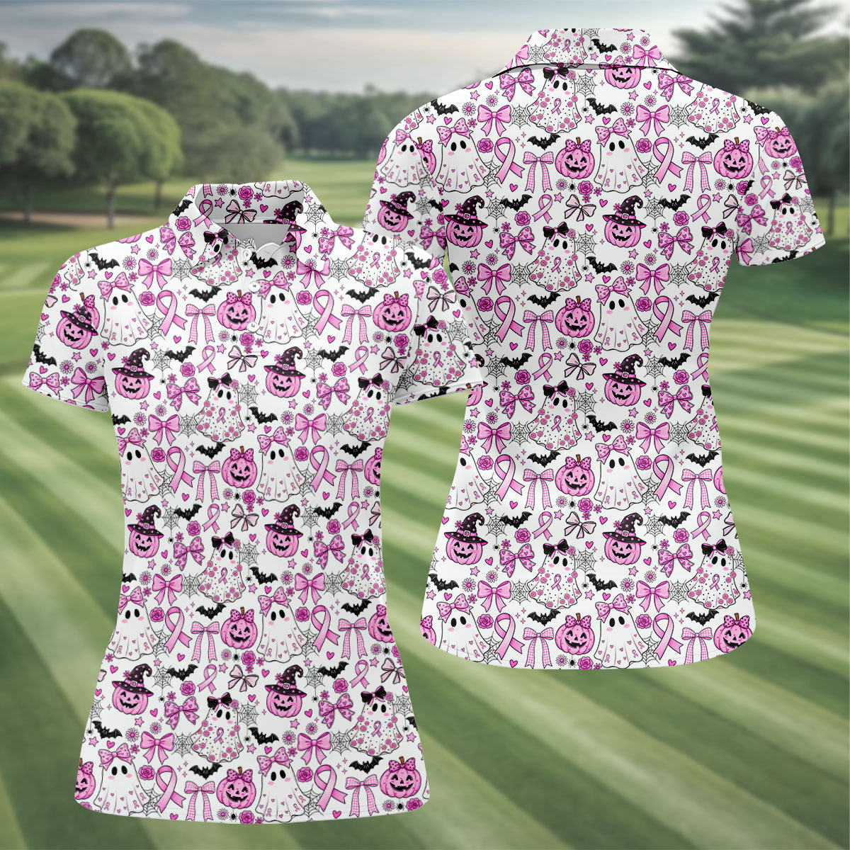Pink Breast Cancer Witch Halloween Golf Polo Shirt, Womens Golf Polo, Golf Shirts For Women